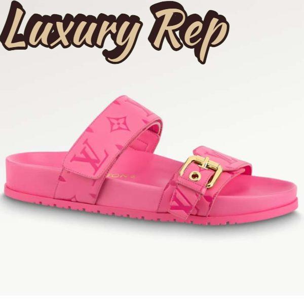 Replica Louis Vuitton Women LV Bom Dia Flat Comfort Mule Pink Monogram-Embossed Calf