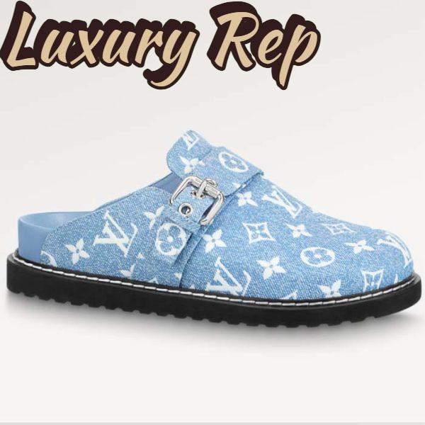 Replica Louis Vuitton Women LV Cosy Flat Comfort Clog Blue Monogram Denim Adjustable Strap