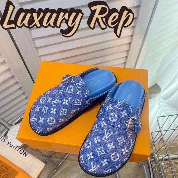 Replica Louis Vuitton Women LV Cosy Flat Comfort Clog Blue Monogram Denim Adjustable Strap 5