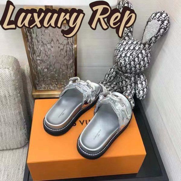 Replica Louis Vuitton Women Sunset Flat Comfort Mule Silver Monogram Embossed Metallic Calf 6