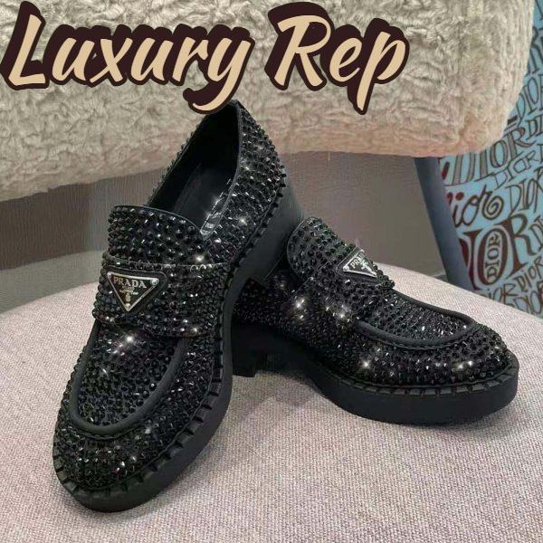 Replica Prada Women Chocolate Satin Loafers with Crystals-Black 3