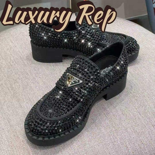 Replica Prada Women Chocolate Satin Loafers with Crystals-Black 4