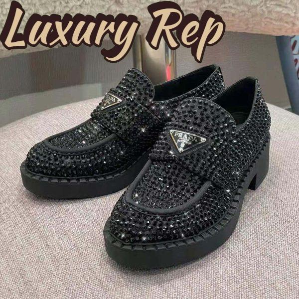 Replica Prada Women Chocolate Satin Loafers with Crystals-Black 5