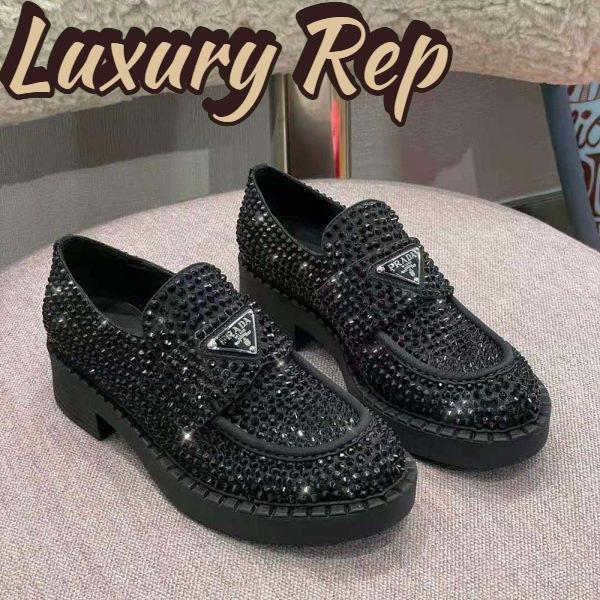 Replica Prada Women Chocolate Satin Loafers with Crystals-Black 6