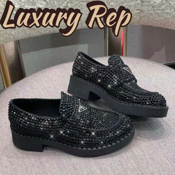Replica Prada Women Chocolate Satin Loafers with Crystals-Black 8