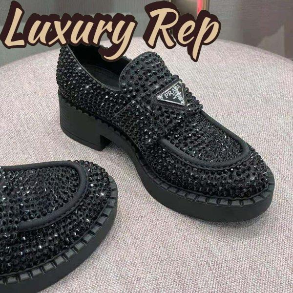 Replica Prada Women Chocolate Satin Loafers with Crystals-Black 9