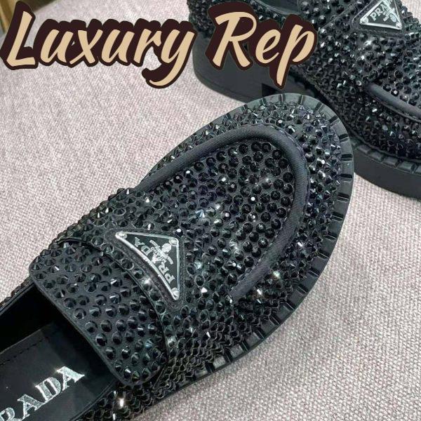Replica Prada Women Chocolate Satin Loafers with Crystals-Black 11