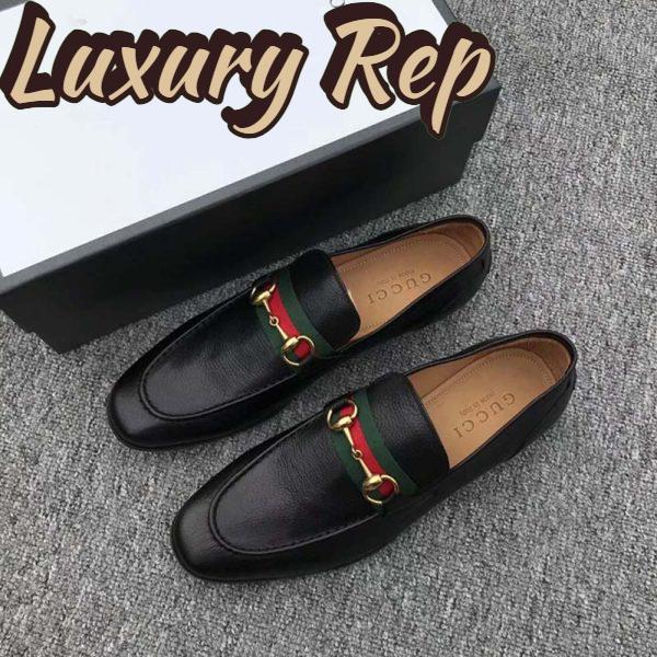Replica Gucci Men Horsebit Leather Loafer with Web Shoes Black 4
