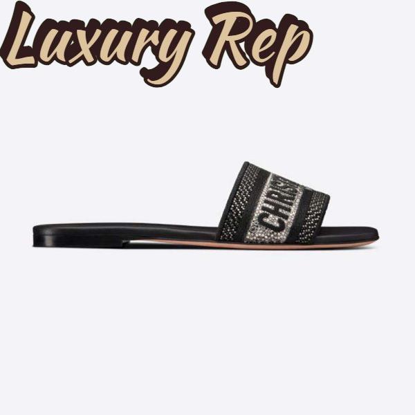 Replica Dior Women Dway Slide Black Cotton Embroidery with Metallic Thread and Silver-Tone Strass
