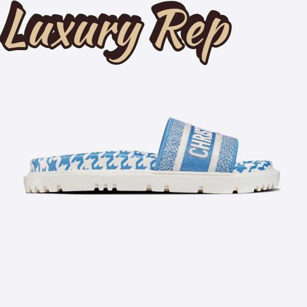 Replica Dior Women Dway Slide Cornflower Blue Embroidered Cotton with Micro Houndstooth Motif