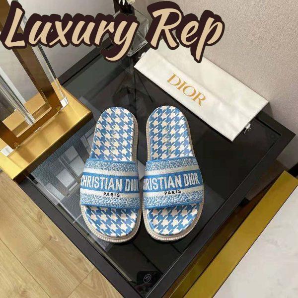 Replica Dior Women Dway Slide Cornflower Blue Embroidered Cotton with Micro Houndstooth Motif 3