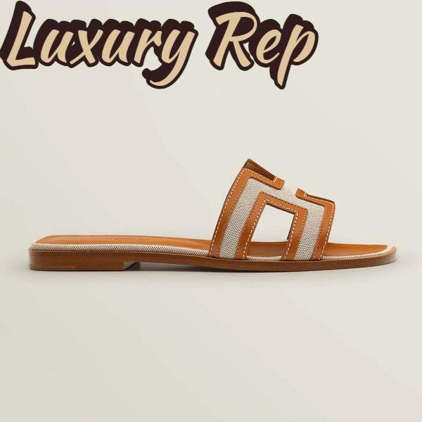 Replica Hermes Women Oran Sandal in Calfskin and H Canvas with Iconic H Cut-Out-Brown