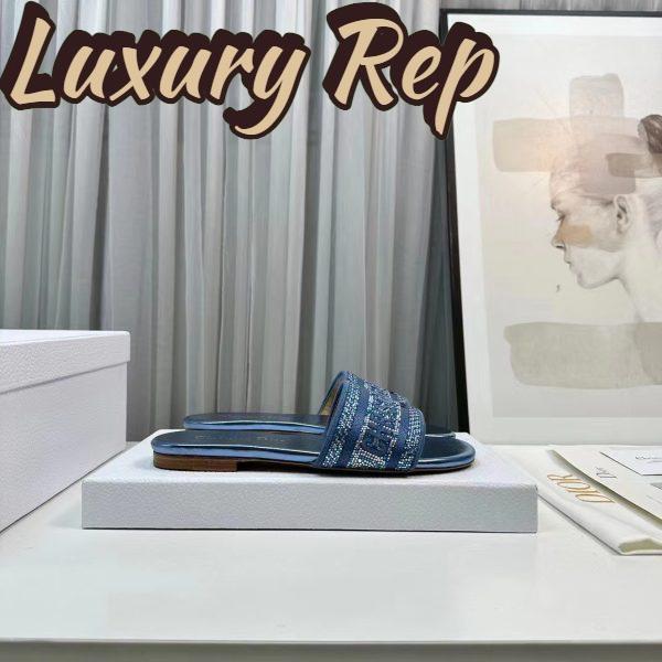 Replica Dior Women CD Dway Slide Blue Cotton Embroidered Metallic Thread Strass 3