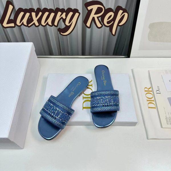 Replica Dior Women CD Dway Slide Blue Cotton Embroidered Metallic Thread Strass 5