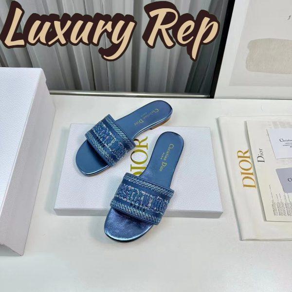 Replica Dior Women CD Dway Slide Blue Cotton Embroidered Metallic Thread Strass 6