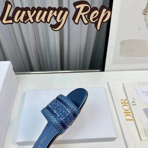 Replica Dior Women CD Dway Slide Blue Cotton Embroidered Metallic Thread Strass 8