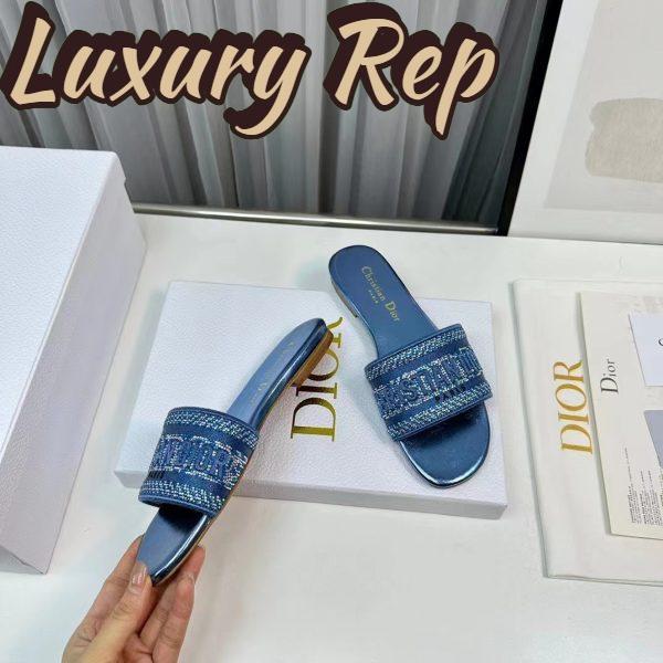 Replica Dior Women CD Dway Slide Blue Cotton Embroidered Metallic Thread Strass 9