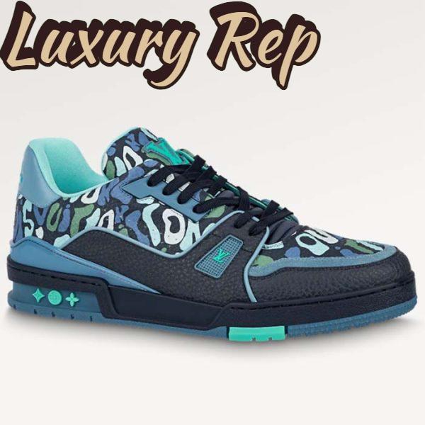 Replica Louis Vuitton Unisex LV x YK LV Trainer Sneaker Navy Blue Camouflage-Printed Canvas Grained Calf
