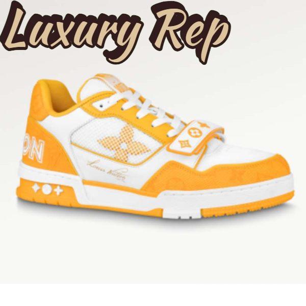 Replica Louis Vuitton Unisex LV Trainer Sneaker Yellow Monogram Denim Rubber Outsole Monogram Flowers