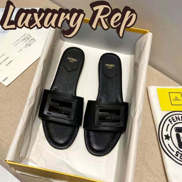 Replica Fendi Women Signature Black Leather Slides in 0.4 inches Heel Height 3