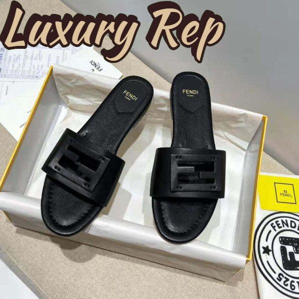 Replica Fendi Women Signature Black Leather Slides in 0.4 inches Heel Height 5