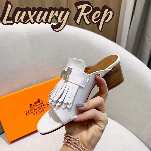 Replica Hermes Women Alma Sandal Calfskin Fringe Detail Palladium Plated “H”-White 9