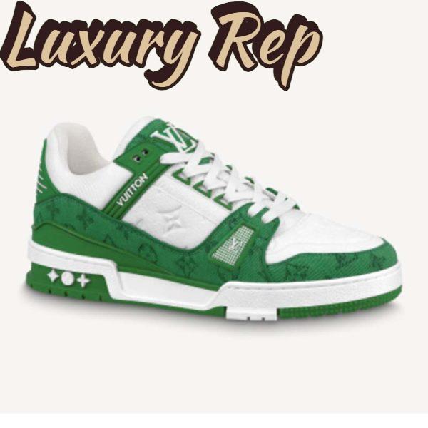Replica Louis Vuitton Unisex LV Trainer Sneaker Green Monogram Denim Embossed Grained Calf Leather