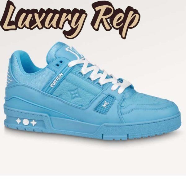 Replica Louis Vuitton Unisex LV Trainer Sneaker Blue Monogram-Embossed Grained Calf Leather